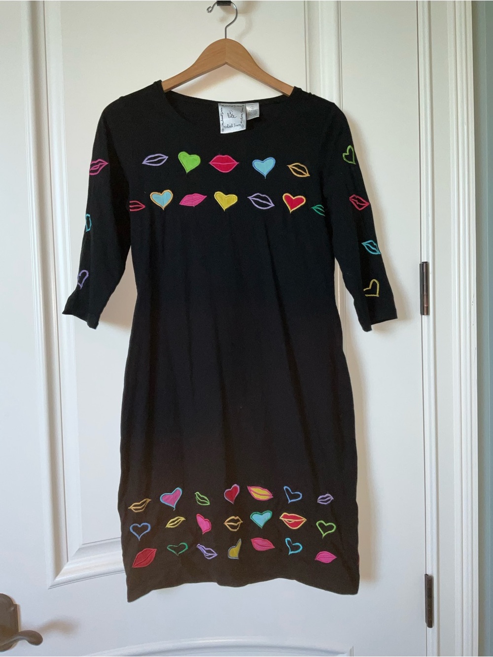 Michael Simon Black Knit Top with Multicolor Heart and Lip Embroidery